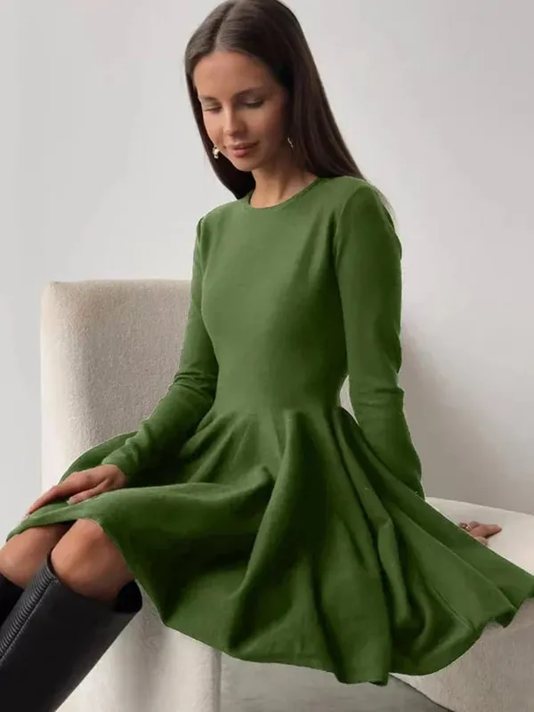 Duomofu Knit Mini Kjoler Kvinder Efterår Vinter Langærmet Sweater Kjole Kvinde Elegant Mode Slim A Line Plisseret Kjole Vestido