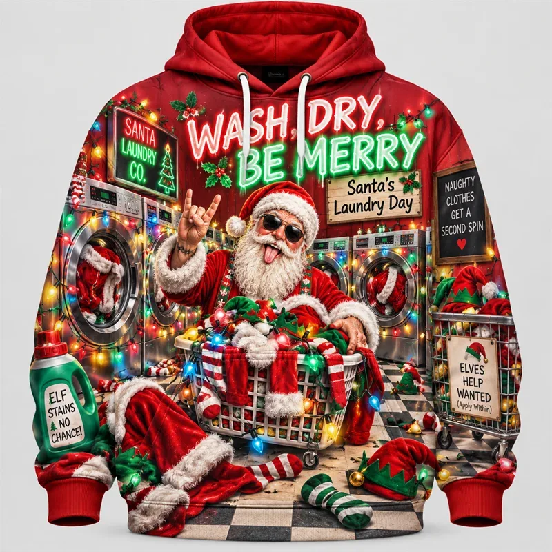 Funny Santa Christmas Hoodie 3D Print Karaoke Sleigh Repair Laundry Snack Holiday Party Pullover Winter Streetwear Gift — image 9