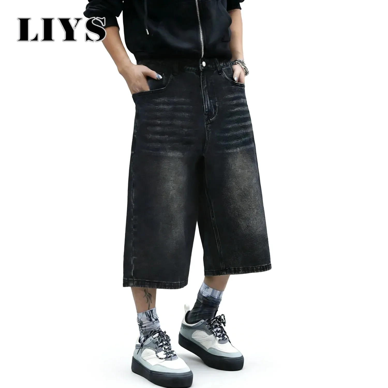 American Retro Classic Black Ultra Baggy Wide Leg Men's Denim Shorts Spring Summer Casual Oversized Jeans Men's Clothes — image 5