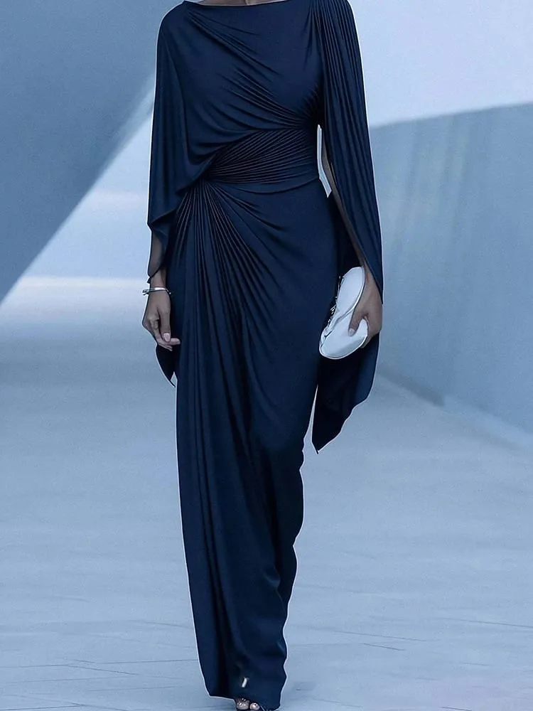 Elegant High Waist Solid Color Banquet Dress Lady Leisure Irregular Long Sleeve Dress Sexy Slash Collar Pleat Slim Evening Dress — image 3
