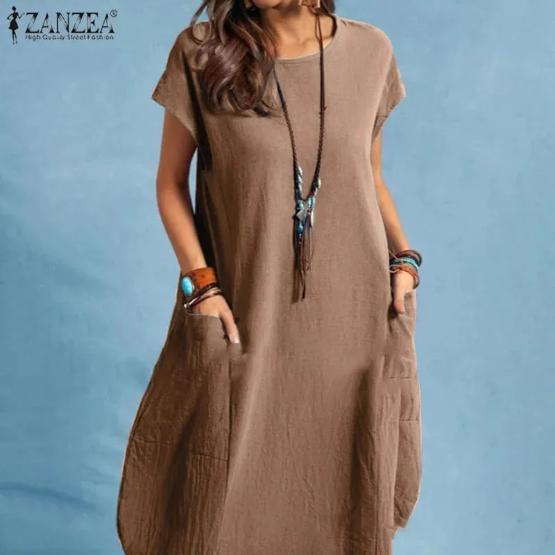 Summer Casual Cotton Dress for Woman O-Neck Short Cap Sleeve Loose Cotton Knee-Length Dress Vacation Day Wear Robes Femme — image 2