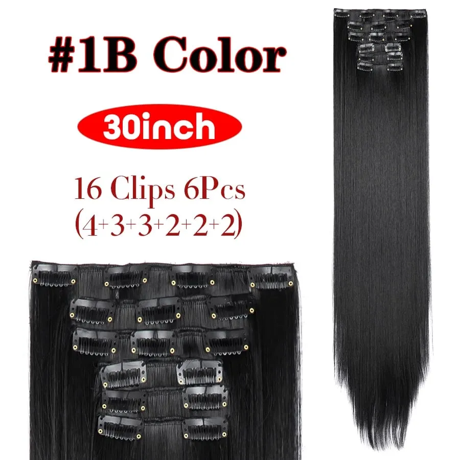 6Pcs/Set 16 Clips In Hair Extensions Black Brown Straight Synthetic Hairpieces 30Inch Thick Hair Extension For Girls Daily Use