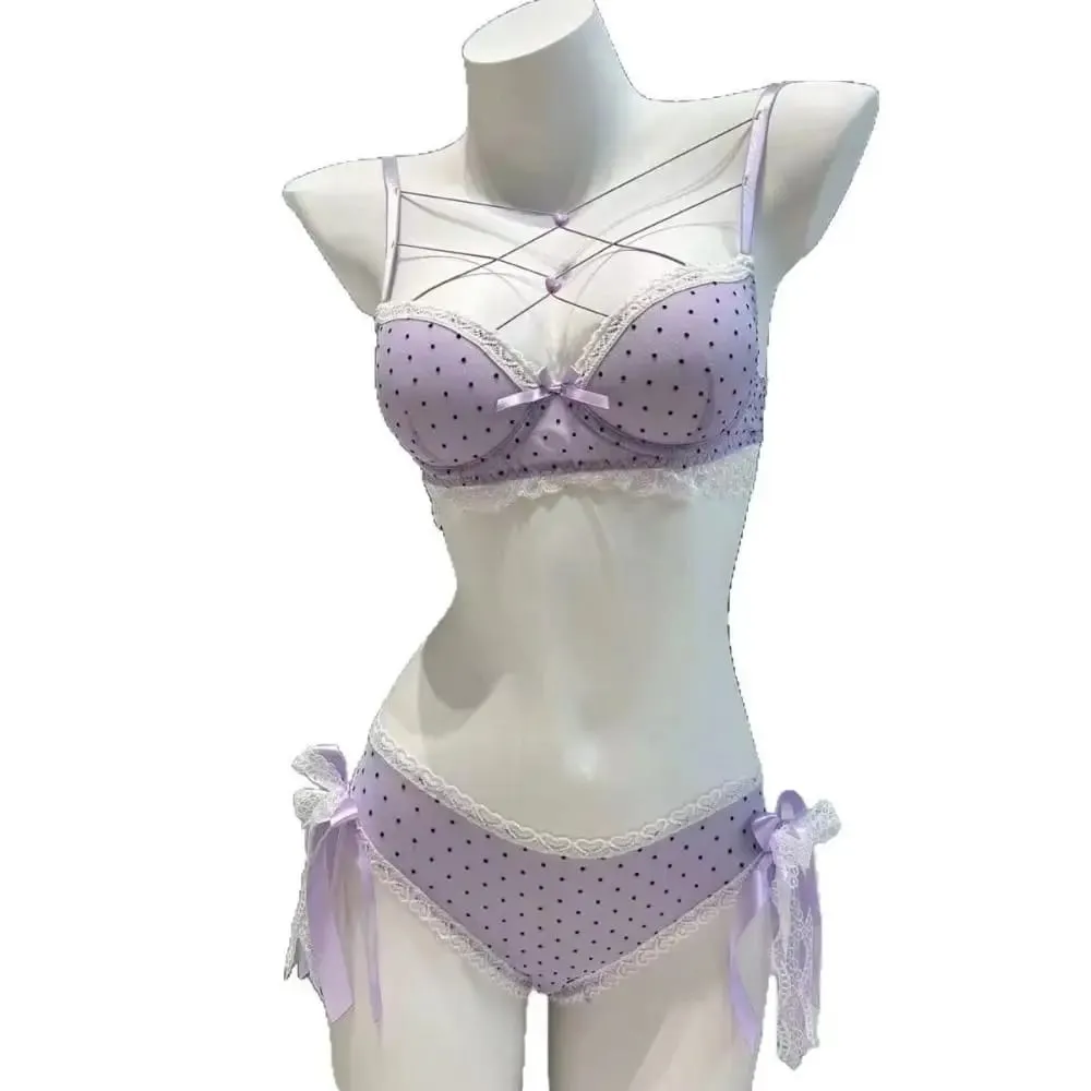 Beautiful Dots Lace Bra Set Bowknots Lace-up Bra Panties Set Love Heart Intimates Push Up Bra Women Romantic Evenings — image 2