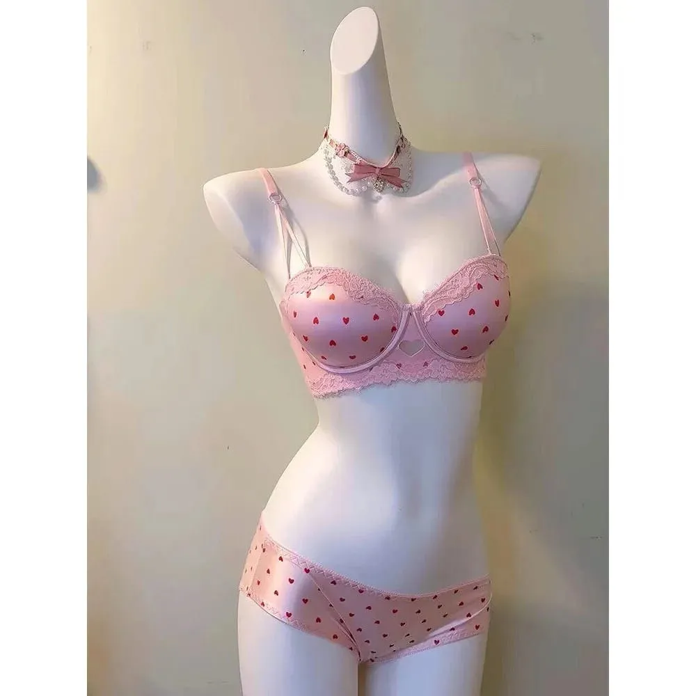 Kawaii doce coração renda sutiã conjunto de calcinha push up pequeno peito coleção lateral anti sag conforto roupa interior feminina 32-38 tamanho — image 1