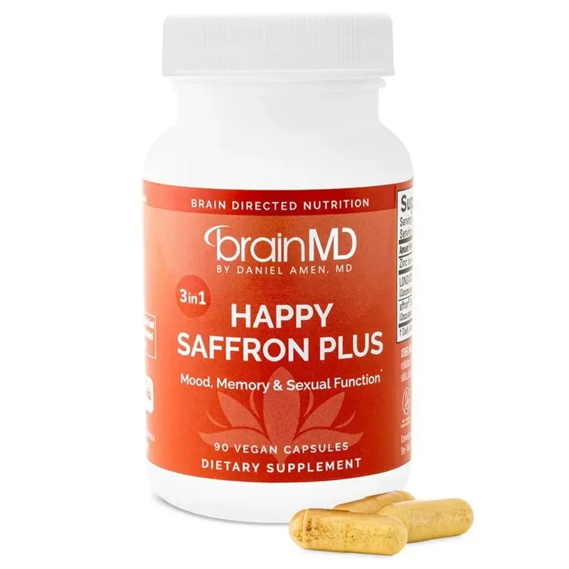 Happy Saffron Plus Supplement for Mood Memory - 90 Capsules - with Saffron Flower Extract Curcumin & Zinc - Vegan Gluten Free