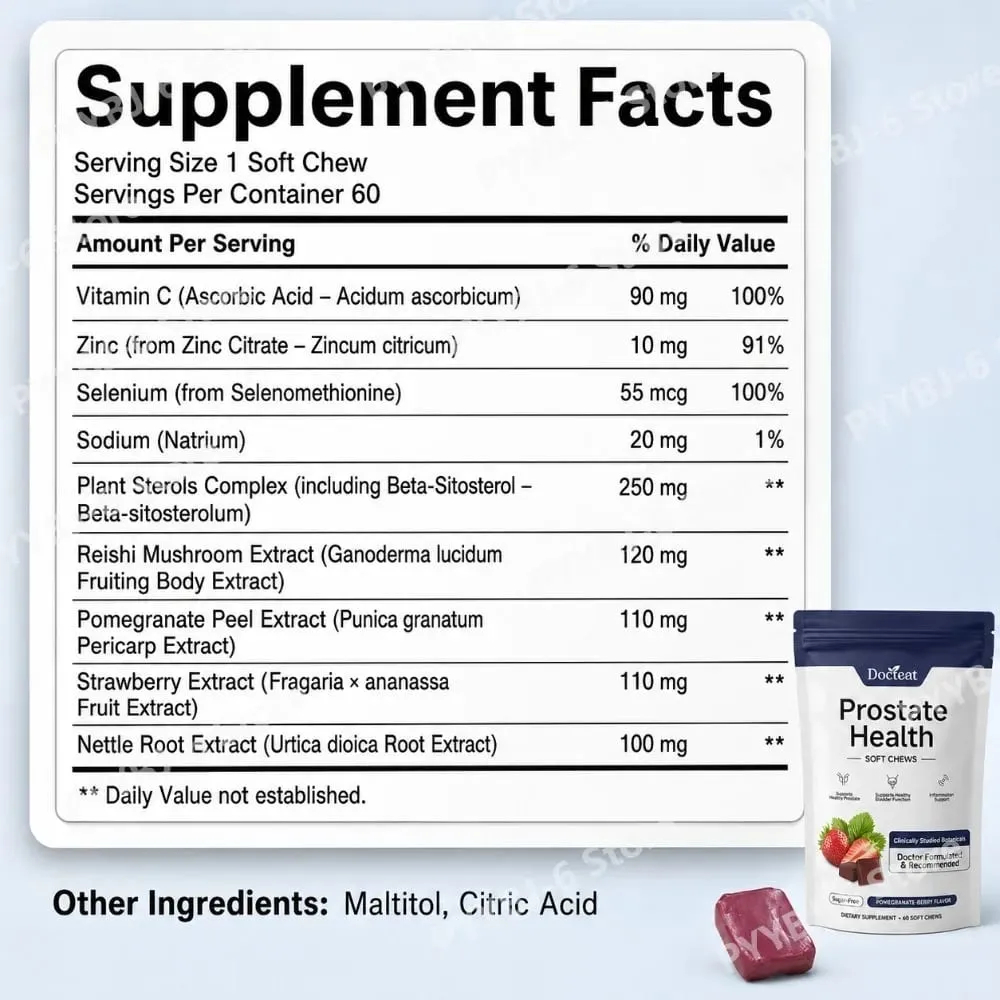 Docteat Prostate Health Soft Chews 60 Count Sugar-Free Pomegranate-Berry Flavor Daily Support with Reishi Extract Zinc Vitamin C — image 2