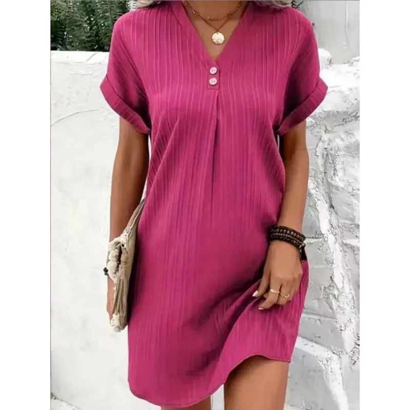 Women's Summer Solid Color Simple Short-Sleeve V-Neck Shirt Dress Comfortable Casual Elegant Loose-Fit Dress with Button Desig — image 11