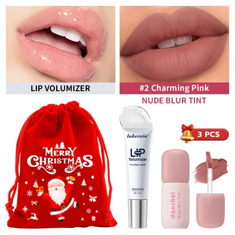 3 Pcs Christmas Lip Set Lip Volumizer Serum & Nude Blur Lip Tint Moisturizing Plumping Long Lasting Matte Lip Makeup Holiday Kit — image 8