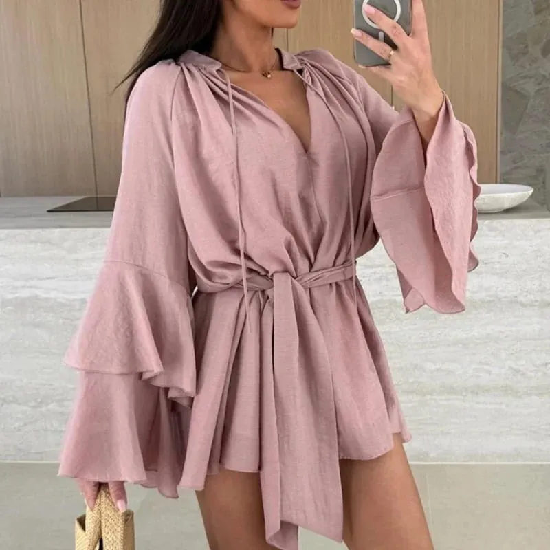 Vår Sommar Volang Lös miniklänning Fritidsdaglig utsvängd ärm Semesterklänningar Sexiga djup V-ringad spetsar Solid damklänning Vestidos — image 5