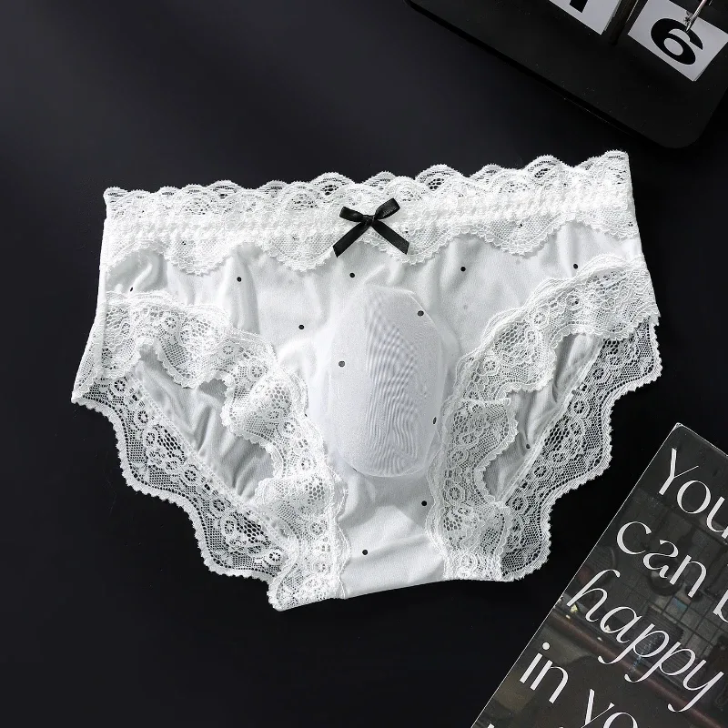 Sexiga byxor för män Spetskant Polka Dot Underkläder Ice Silk Sissy Trosor U Convex Pouch Kalsonger Seamless Se Through Underkläder — image 4