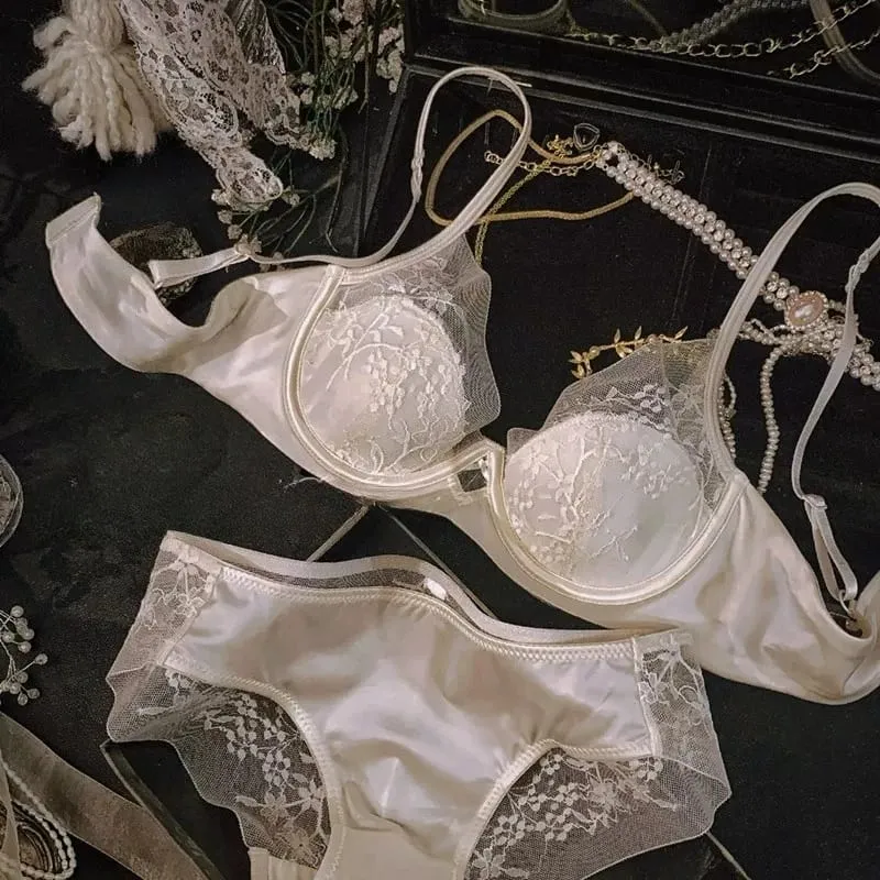 Women French Satin Lace Lingerie Set Push Up Anti Sagging Bra Full Coverage Brassiere Soft Comfort Underwear Daily Use 32‑38AB — image 3