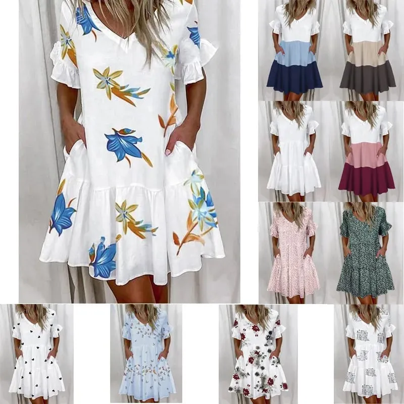 Vestido de verão feminino casual com decote em v manga curta manga borboleta floral folha carta impressão mini vestidos ysx9032 — image 2
