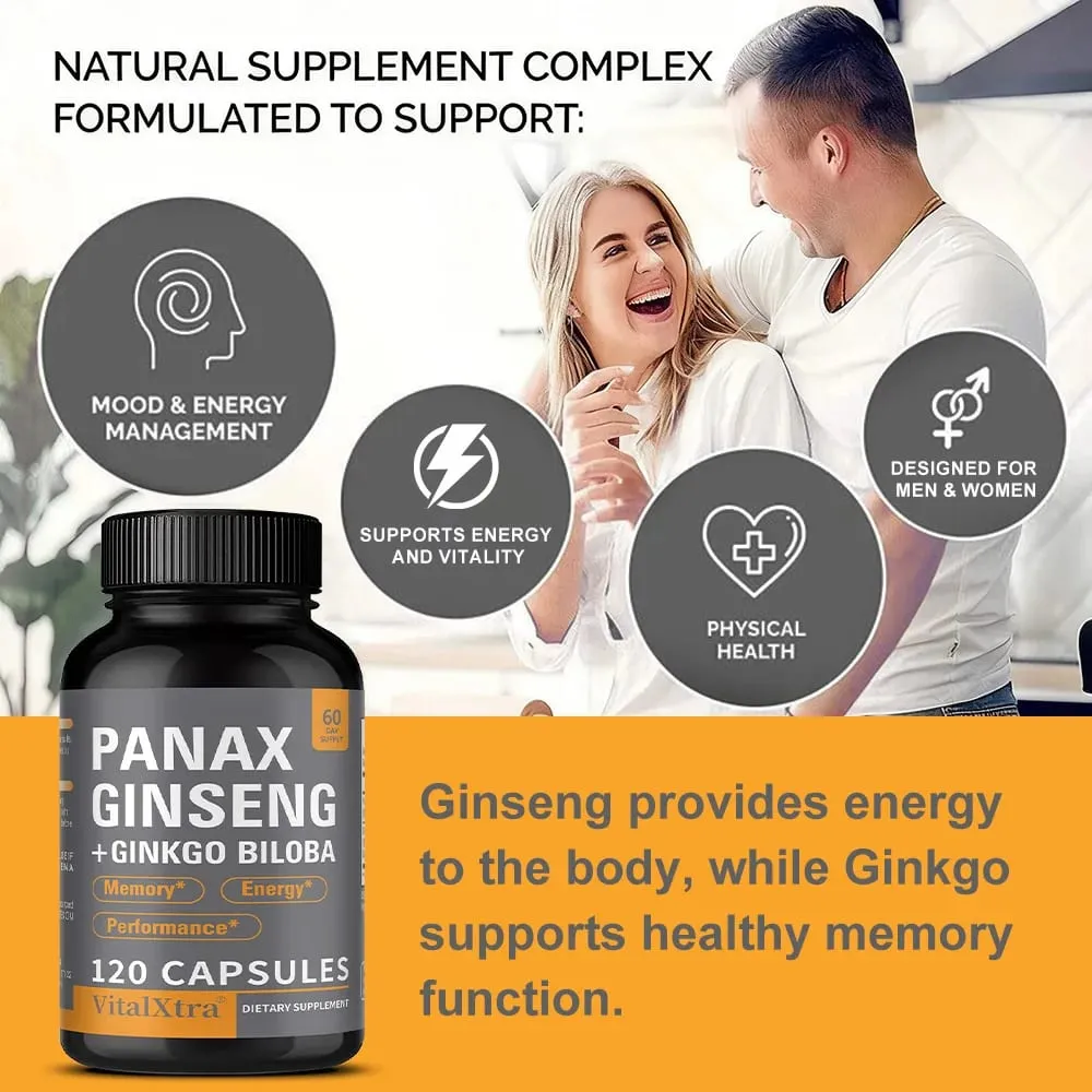 Panax Ginseng + Ginkgo Biloba 120 Vegan Capsules Supports Heart Health and Muscle Function Athletic Performance — image 6