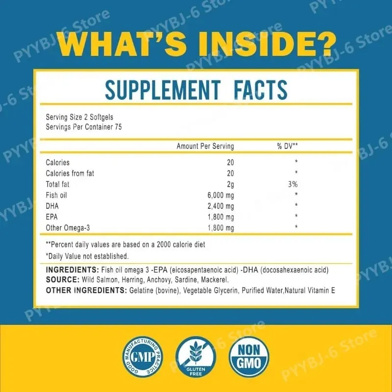 Omega 3 Softgels de óleo de peixe Suplemento diário de alta potência EPA DHA para adultos apoia a saúde imunológica das articulações 150 Softgels não OGM