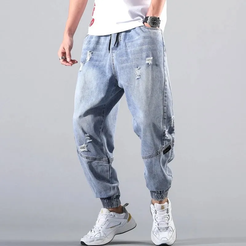 Street Elastic Jeans Men Denim Cargo Pants Wash Solid Color Multi Pockets Casual Mid Waist Trousers Daily Wear Joggers — image 5