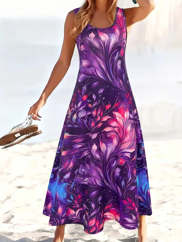 Dresses for Woman Vest Dress Beach Holiday Round Neck Sleeveless A-Line Long Skirt Starry Iridescent Floral Gradient Print 2026 — image 7