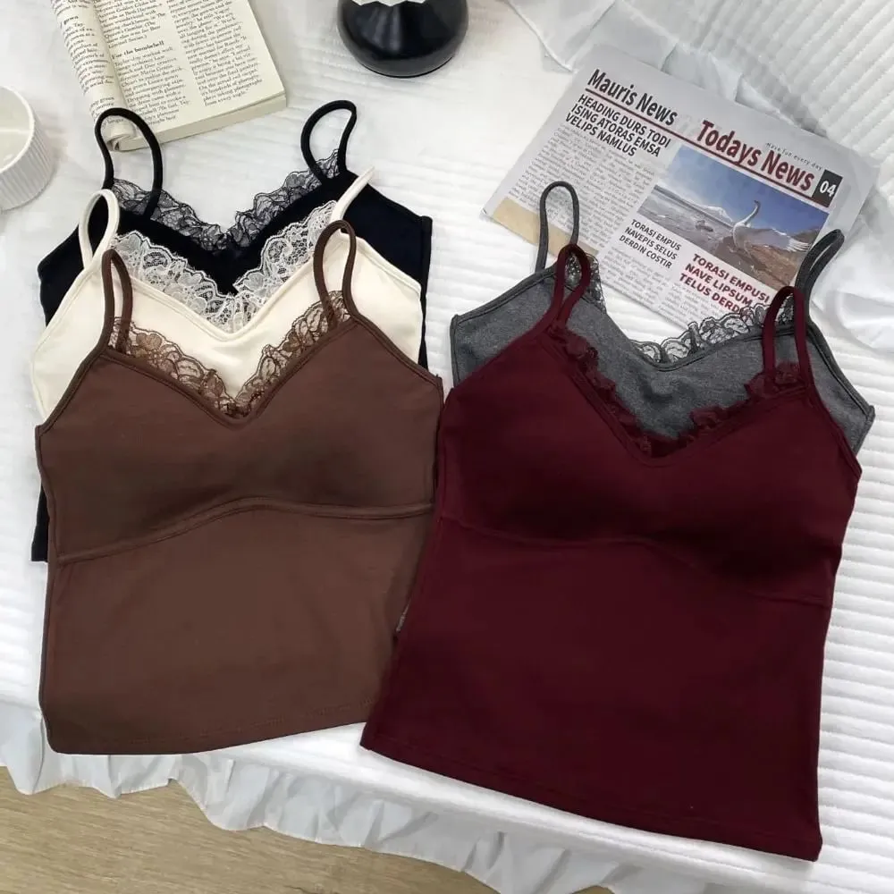 Autumn/Winter Fitted Lace-trimmed Camisole V-Neck Comfortable Slim Fit Camisole Top Soft with Padded Bra Women's Top — image 5