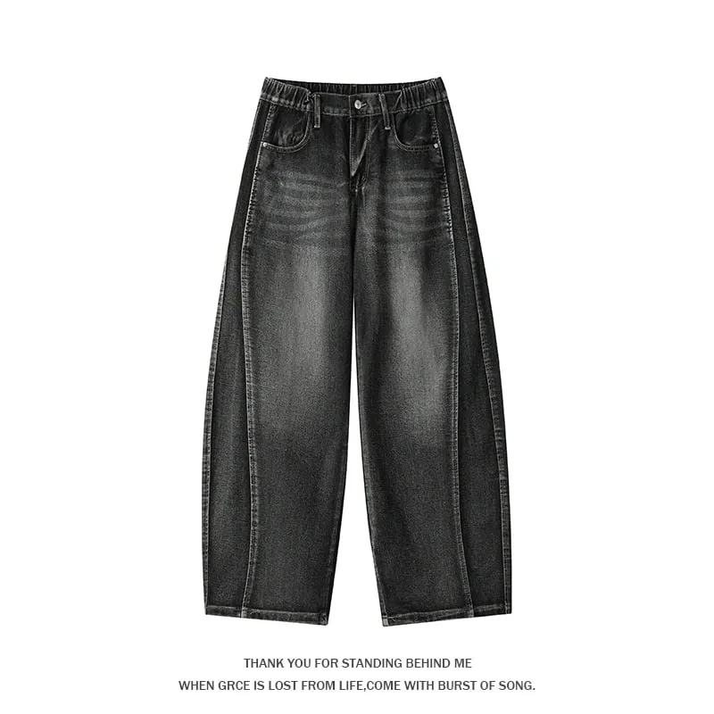 Plus Size Men's Curved Denim Jeans Retro High Street Washed Splice Loose Floor-Length Baggy Streetwear Trousers — image 2