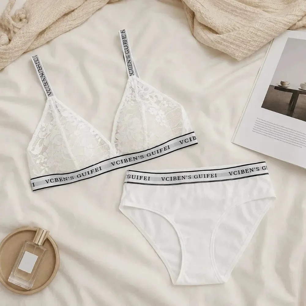 Fashion Letter Design Lingerie Set Deep V Lace Women Underwear Suit Color Blocking Wireless Bra Panties Set Gift — image 3