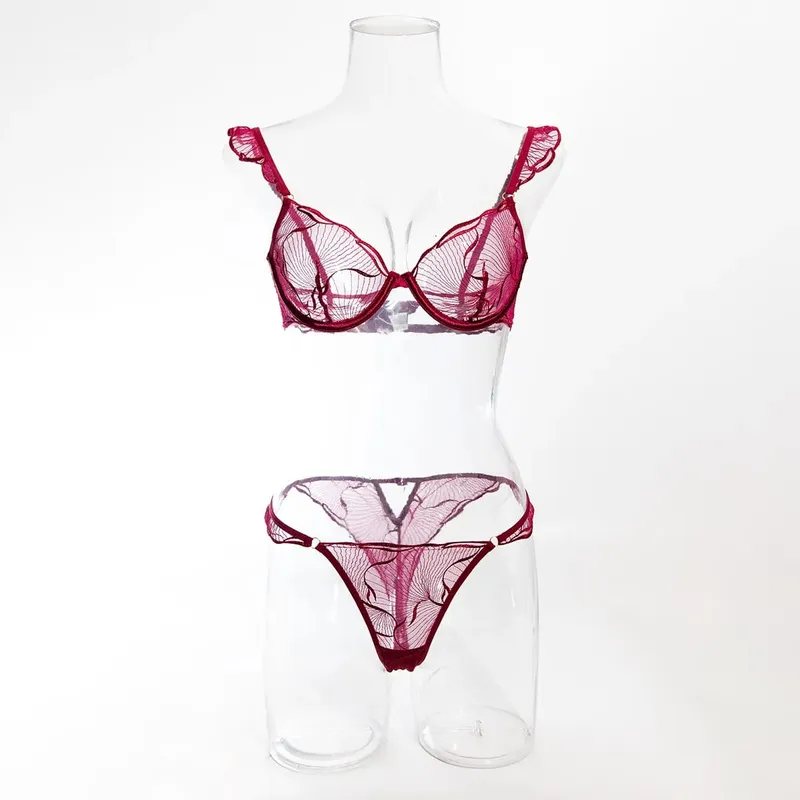 セクシーな Women French Hollow Lace Bra Set Floral Embroidery Ultra Thin Cup Minimizer Brassiere Stretchy Daily Lingerie 32 to 38