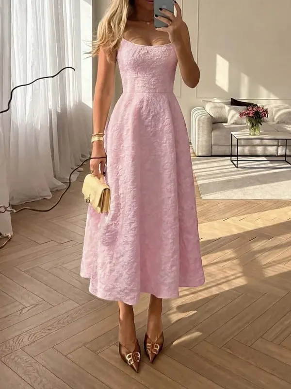 Women Solid Color Sleeveless U-Neck Zipper Backless A-line Maxi Dress Summer Sexy Elegant Dating Casual Daily Streetwear Clothes