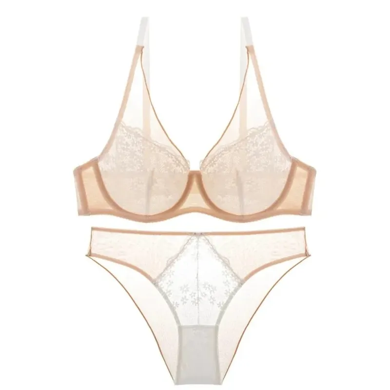 French Vintage Mesh Lace Flower Bra Set Brassiere Lingerie Push Up Bra Women Seamless Underwear Lace Floral Underpants Girl — image 8