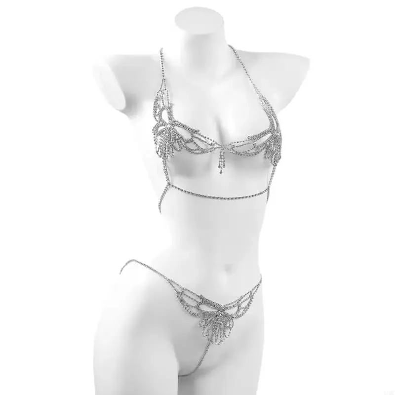 Rhinestones Outfit Body Jewelry Accessory Pangbabaeng Bra Top at Panties Thong Body Chain Set para sa Bakasyon — image 2