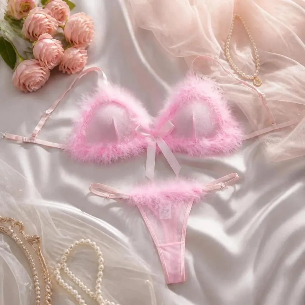 Furry Women's Underwear Mesh Transparent Wireless Lingerie Set Romantic Intimate Bow Decor Bra Panties Suit Intimate Moments — image 3