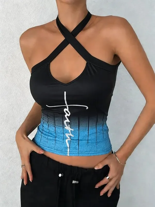 Women's Tank Top Spring Summer Black Blue Gradient Halter Cross V Neck Cutout Handwritten Letter Slim Cropped Chic Daily Casual — image 2