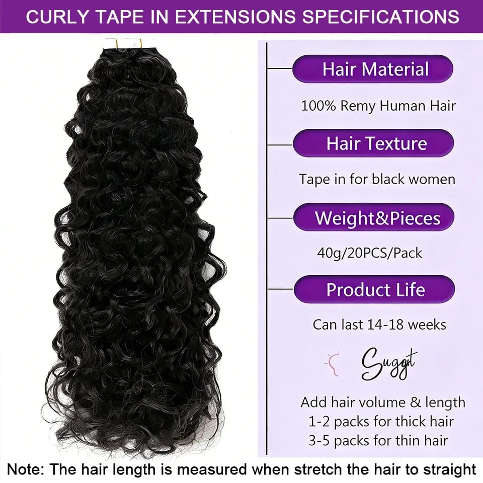 Deep Wave Curly Tape in Hair Extensions 100% Brazilian Human Hair Adhesive Tape on Extensions Human Hair Natural Black 16-26inch — image 3