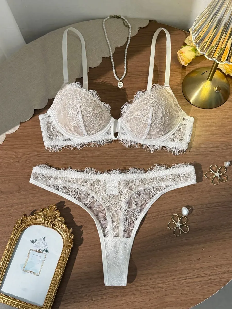 French Lace Eyelash White Bralette And Panties Set Women's Summer Thin Sexy Pure Desire Underwear Two-Piece Set — image 6