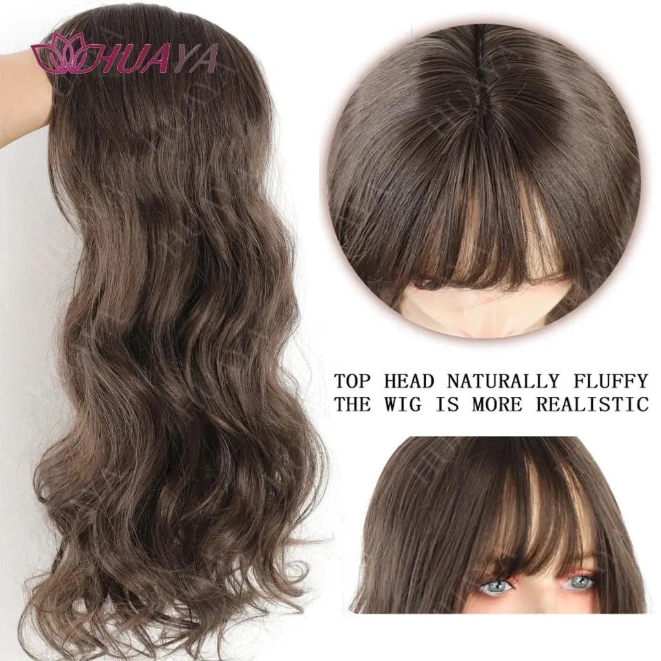 Synthetic 3 Clips In Topper Long Wavy Hairpiece Black Brown Women Fake Hair Clip In Hair Extensions With Bangs Fake Hairpiere — image 4