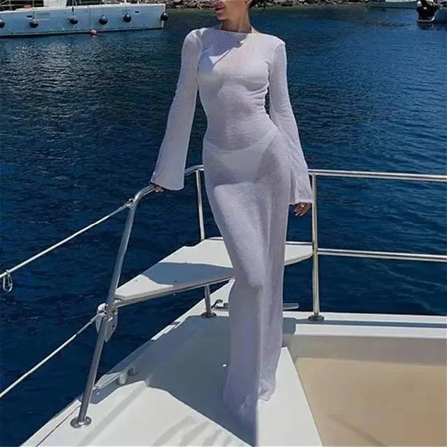 Women Summer Mesh Wrapped Dress Long Sleeve Round Neck See Through Sunscreen Solid Color Backless Beach Long Dress — image 2