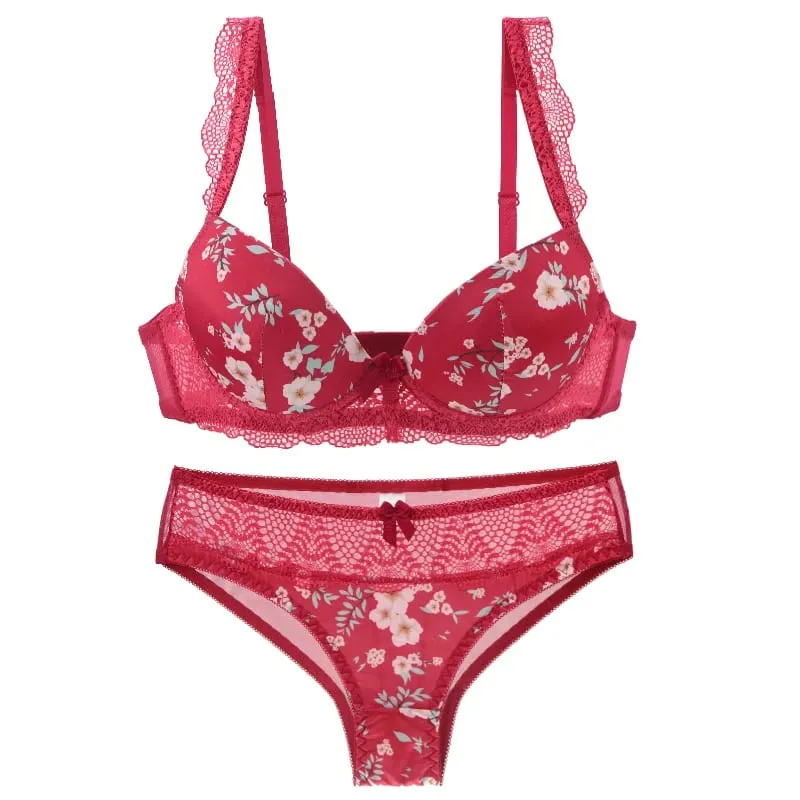 2023 Bagong Sexy Ladies Bras Set Para sa Big Boops BCDE Cup Bow Floral Underwear Black Beige Blue Red White Lace Women Lingerie