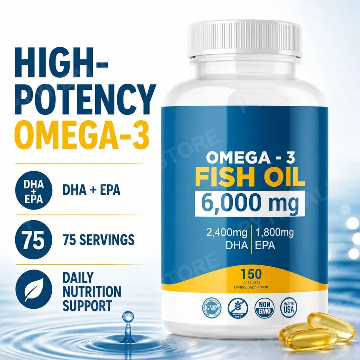 Omega-3 Fish Oil 6000mg Softgels High DHA EPA Formula 2400mg DHA 1800mg EPA Non-GMO 150 Capsules Heart Brain Nutrition Support — image 1