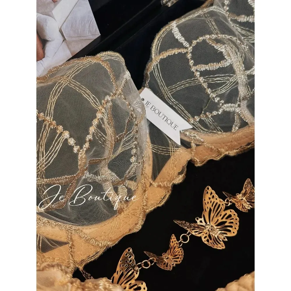 Luxury Lace Shiny Gold Embroidery Sexy Lingerie Set Women Bra + Thong Panties Transparent Erotic Night Party Intimate Underwear — image 3