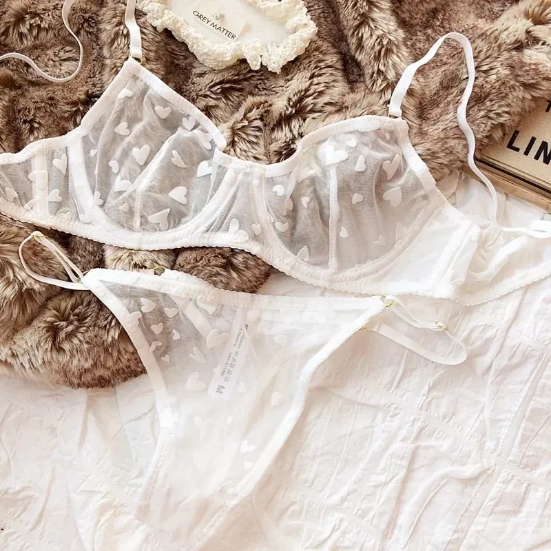 2 peças conjunto de lingerie sexy ultra fino respirável sutiã para mulher push up sutiã conjunto verão malha romântico pêssego coração íntimos — image 15