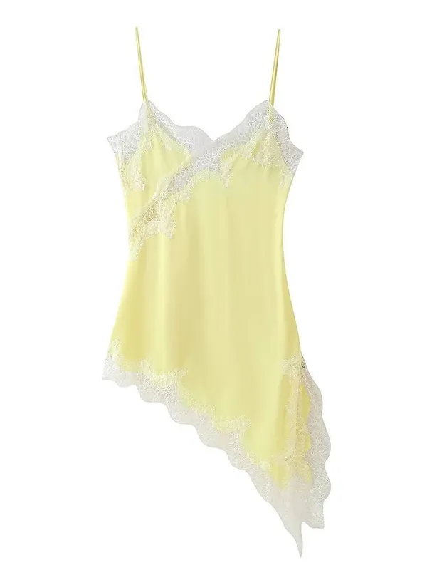 Vestido de cetim marrom com emenda de renda, elegante, bainha irregular, decote em v, costas nuas, sem mangas, vestido chique para mulheres, festa em clube — image 6