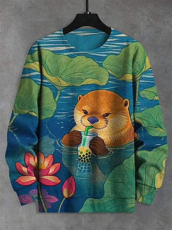 Djurkatttröjor för män Långärmad tröja O-halsmode Cool dagligen 3D-tryckta japanska konsttryck Casual sweatshirts