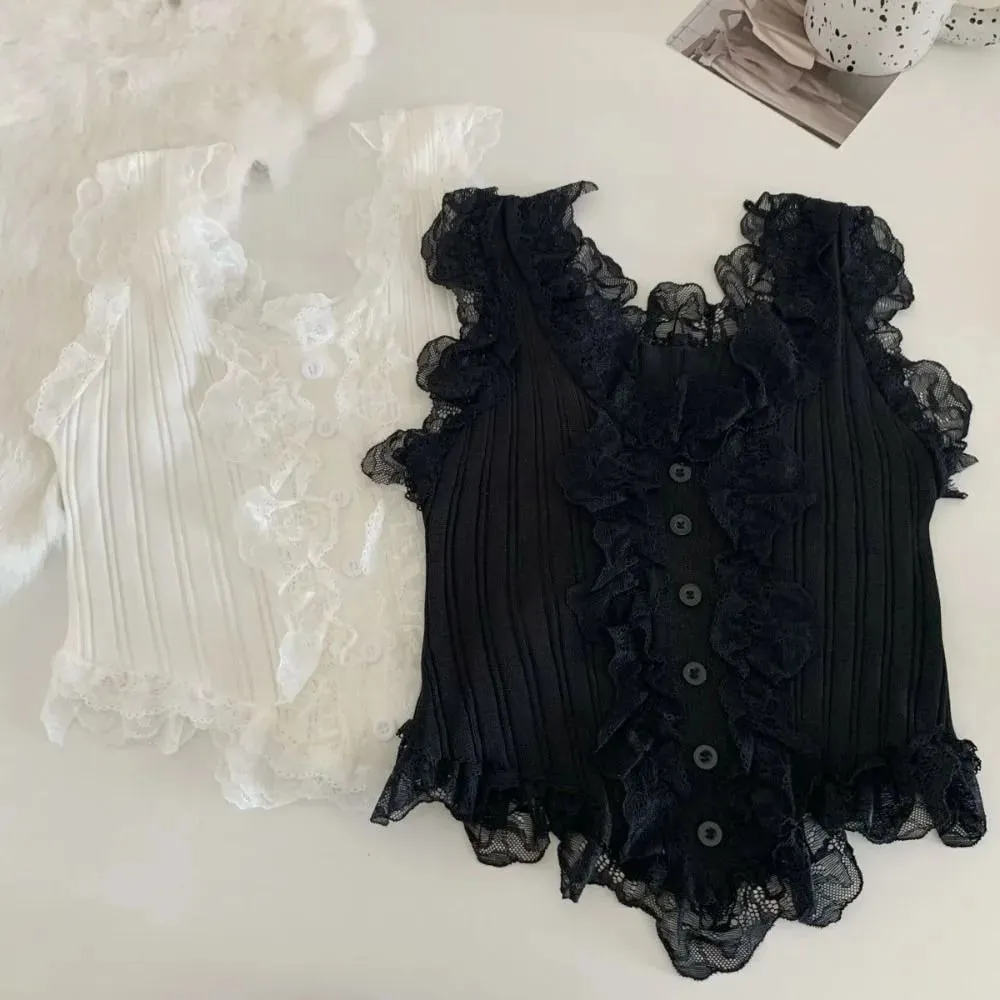 Cute Y2k Lace Knitted Crop Top Tank Korean Style Women's Knit Vest Top Undershirt Sweet Sleeveless Camisole Summer