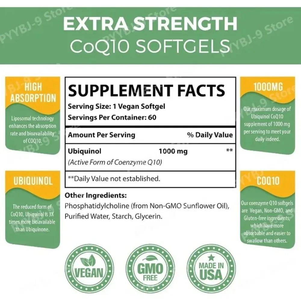 CoQ10 Ubiquinol 1000mg Vegan Softgels 60 Ct Lipossomal Coenzima Q10 de alta absorção para suporte diário antioxidante de energia cardíaca — image 2