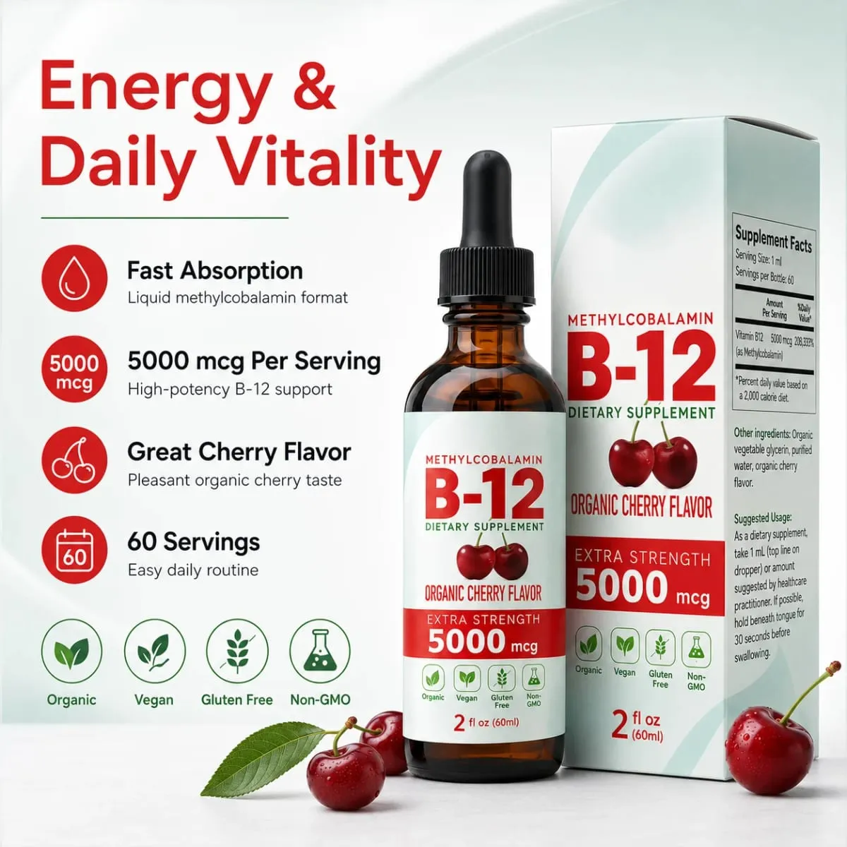 Vitamin B12 Drops 5000mcg Methylcobalamin Liquid Sublingual Supplement Cherry Flavor Vegan Sugar Free Daily Nutrition 60ml