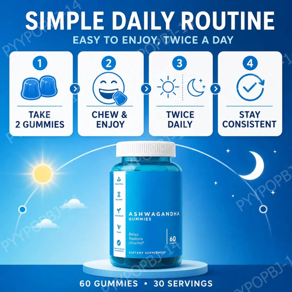 Conjunto de gomas de 3 pacotes: Ashwagandha para alívio do estresse, probióticos para a saúde intestinal + suplemento ACV Detox vegano sem glúten 60 ct cada — image 6