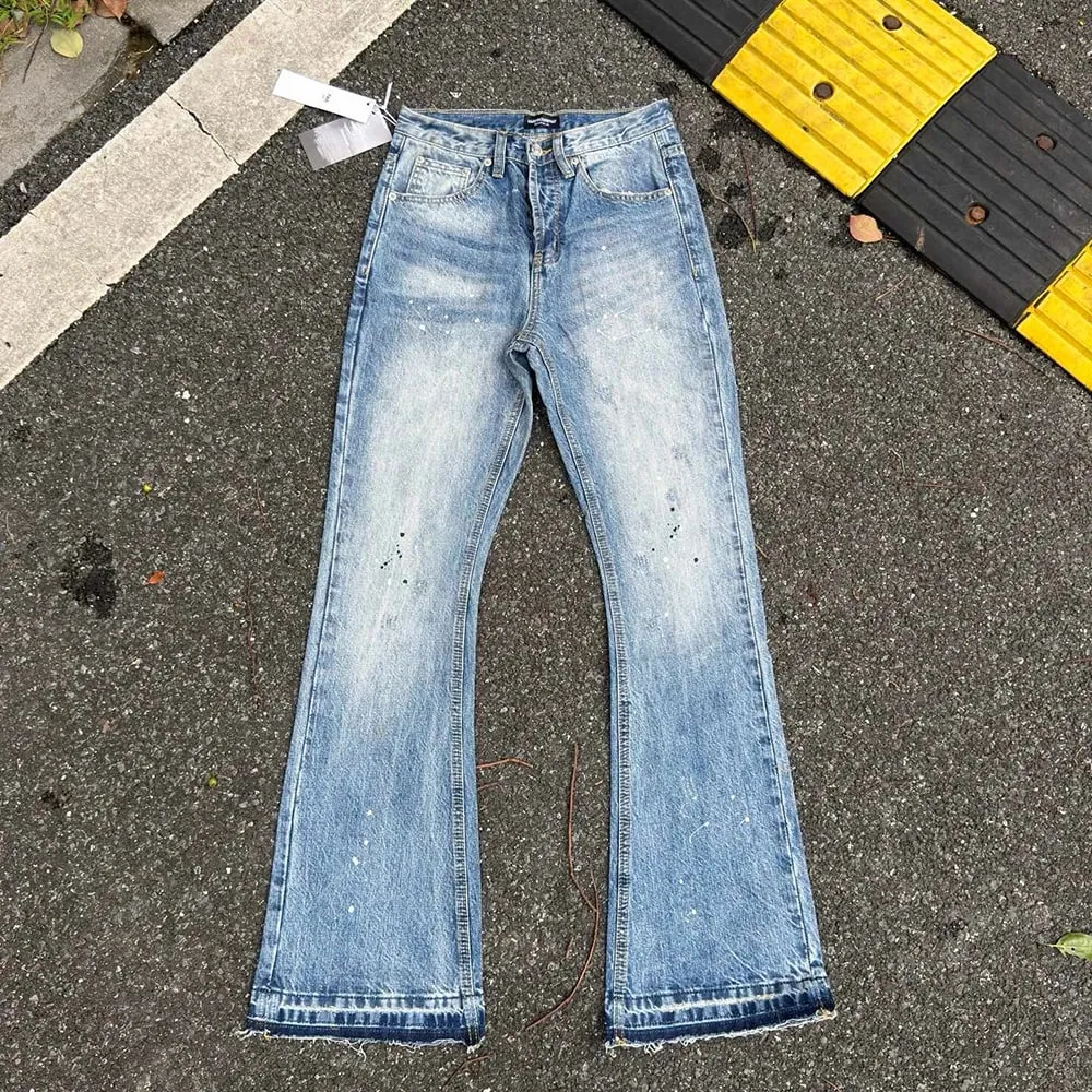 Heavy water Washed Retro Blue Ink Splatter Micro Flare Denim Pants Mens and Womens Straight Baggy Jeans Trousers Boot Cut — image 4