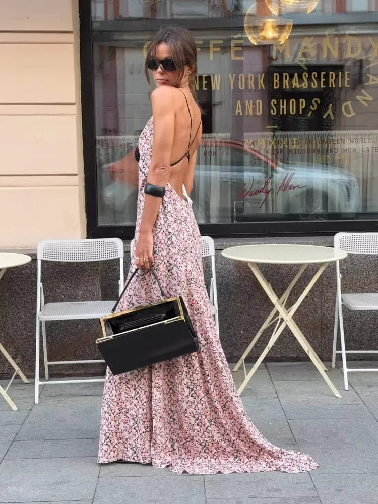 Pink Floral Printed Sling Maxi Dress Spaghetti Strap Deep V Neck Front Black Rose Detail Ruffle Hem Lady Street Vacation Dresses — image 1