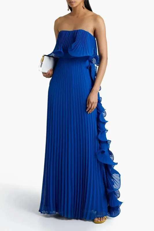 Vestido feminino da moda para férias de verão, laranja, plissado, chiffon, longo, formal, feito sob encomenda, com babados, sem alças, vestido de festa na praia — image 7