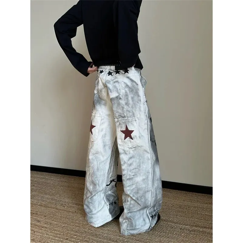 2026 New Retro Graffiti Printed White Baggy Jeans For Men High Street Straight Wide Leg Denim Pants Hip Hop Graphic Y2K Jean
