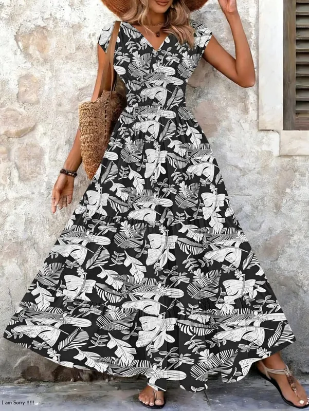 2026 Vintage Floral Print Dress Elegant V-Neck Short Sleeve Long Women's Fashion Retro Gown — image 9