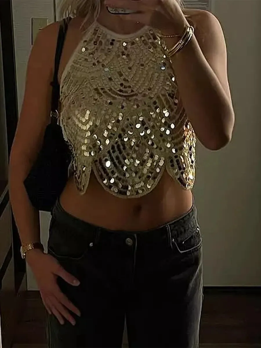 Sexy Womens Halter Sequin Tank Top Backless Tie Up Sexy Sparkly Crop Top Sleeveless Glitter Party Tops Clubwear — image 5