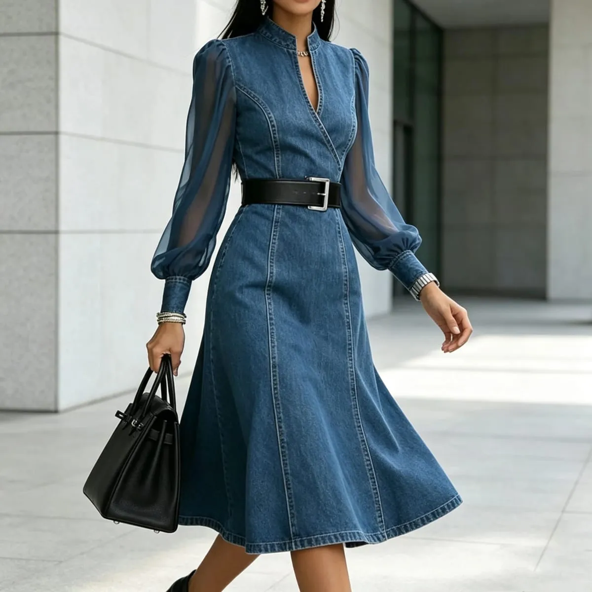 Streetwear Denim A-Line Dress Summer Women Tulle Puff Long Sleeve See Through V Neck Maxi Dresses Vintage Jean Dress With Belt — image 4